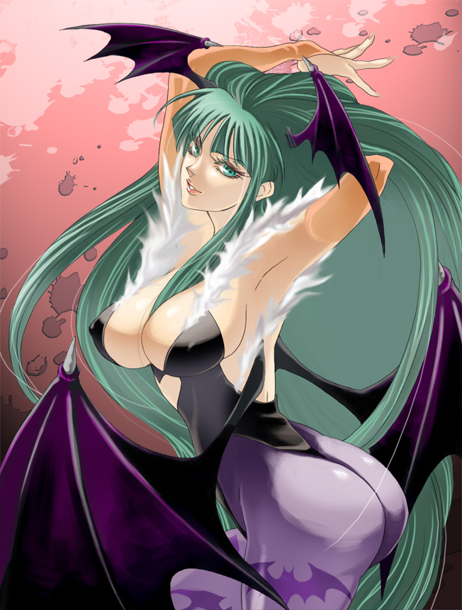 hyakkimaru, hyakkimaru (100mani), morrigan aensland, capcom, darkstalkers, bad id, bad pixiv id, 1girl, animal print, armpits, arms up, ass, bat print, bat wings, breasts, demon girl, elbow gloves, female focus, gloves, green eyes, green hair, head wings, highleg, highleg leotard, large breasts, leotard, long hair, matching hair/eyes, pantyhose, print pantyhose, solo, thong leotard, wings