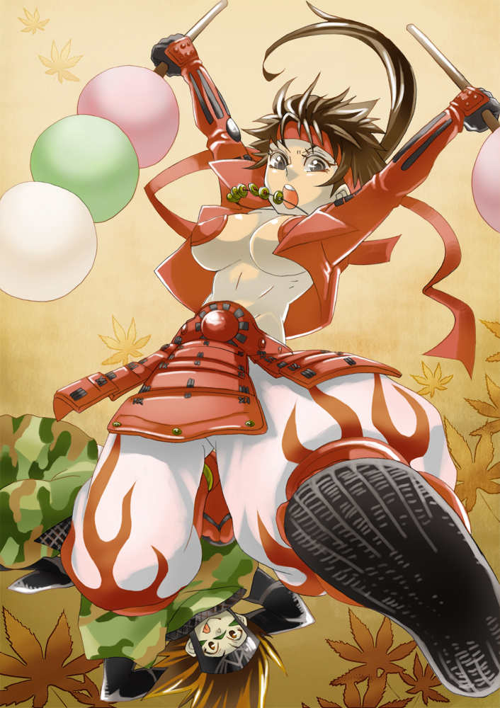 hyakkimaru, hyakkimaru (100mani), sanada yukimura (sengoku basara), sarutobi sasuke, sarutobi sasuke (sengoku basara), sengoku basara, bad id, bad pixiv id, 00s, 1boy, 1girl, breasts, brown eyes, brown hair, dango, dual wielding, food, genderswap, genderswap (mtf), headband, holding, large breasts, leaf, long hair, ponytail, sandals, sanshoku dango, skewer, tabi, underboob, wagashi, zouri