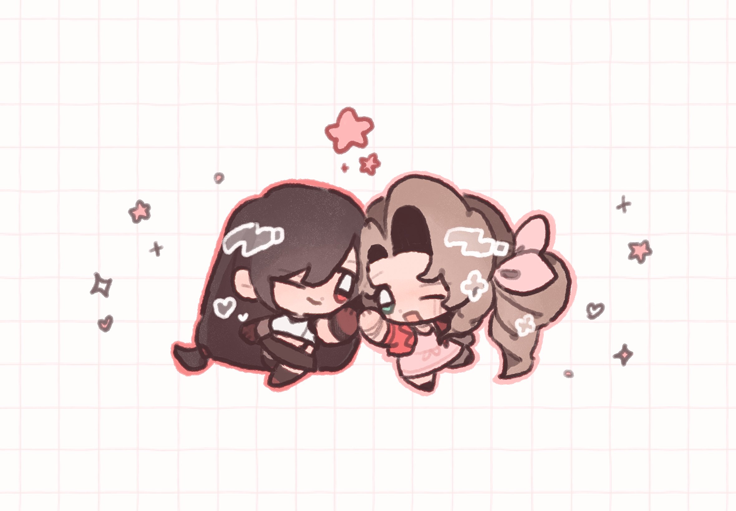 aerith gainsborough, tifa lockhart, final fantasy, final fantasy vii, highres, 2girls, black hair, black shoes, black skirt, blush, blym7oym7759061, braid, braided ponytail, brown hair, chibi, chibi only, closed mouth, dress, elbow gloves, gloves, green eyes, grid background, hair ribbon, hair tie, high five, jacket, long dress, long hair, looking at another, low-tied long hair, midriff, multiple girls, one eye closed, open mouth, parted bangs, pink ribbon, red eyes, red jacket, ribbon, shirt, shoes, sidelocks, single braid, skirt, smile, suspenders, white shirt