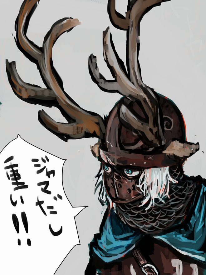 umeyama (toma23), creighton of mirrah, dark souls (series), dark souls ii, commentary request, translation request, 1boy, animal ears, antlers, armor, blue cape, blue eyes, cape, chainmail, deer boy, deer ears, ears through headwear, grey background, horns, horns through headwear, kemonomimi mode, male focus, mask, masked, simple background, solo, upper body, white hair