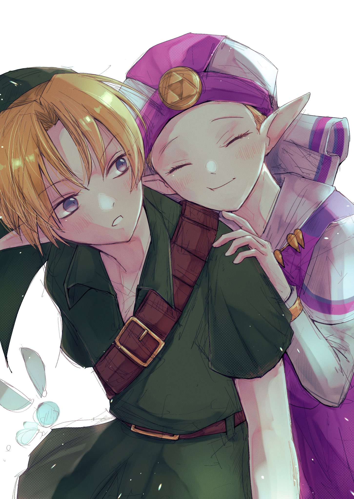 hk 539099410, link, navi, princess zelda, nintendo, the legend of zelda, the legend of zelda: ocarina of time, highres, 1boy, 1girl, blonde hair, blue eyes, closed eyes, dress, fairy, green hat, green tunic, hand on another's shoulder, hat, light blush, mob cap, parted bangs, parted lips, phrygian cap, pink dress, pointy ears, short hair, short sleeves, shoulder belt, sketch, smile, triforce, tunic, white background