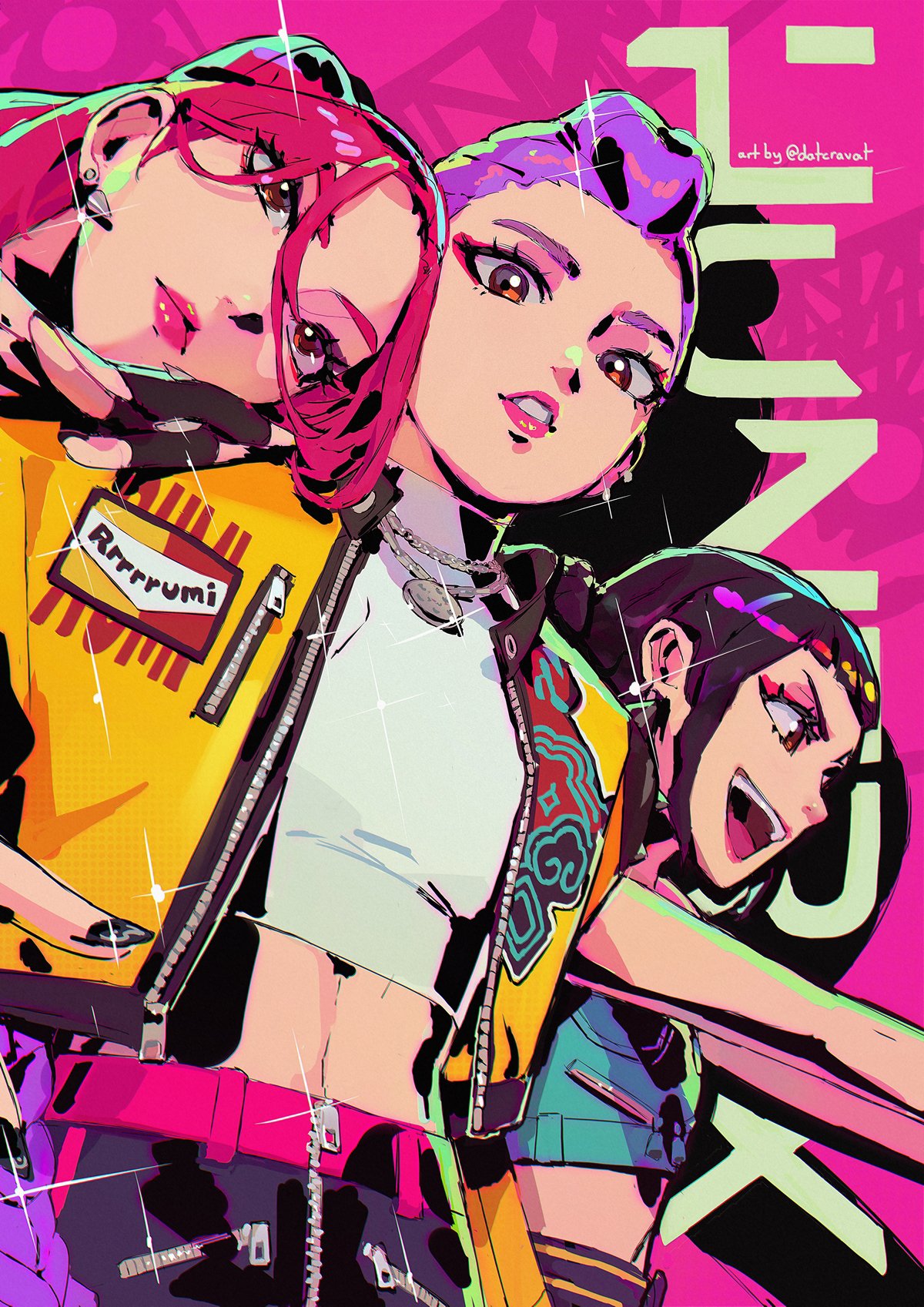 datcravat, kpop demon hunters, character request, highres, 3girls, brown eyes, cowboy shot, eyelashes, eyeshadow, group picture, jacket, jewelry, long hair, makeup, midriff, multiple girls, pink eyeshadow, pink hair, purple hair, yellow jacket