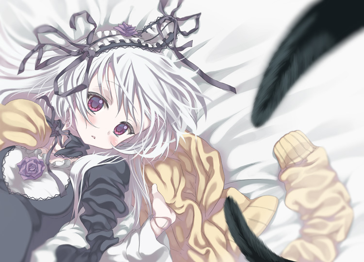 moriki takeshi, suigintou, rozen maiden, 00s, 1girl, bed sheet, blush, breasts, cleavage, dress, feathers, female focus, flower, from above, hairband, headdress, lolita hairband, long hair, long sleeves, looking at viewer, lying, on back, on bed, red eyes, solo, sweater, towel, unworn sweater, upper body, very long hair, white hair