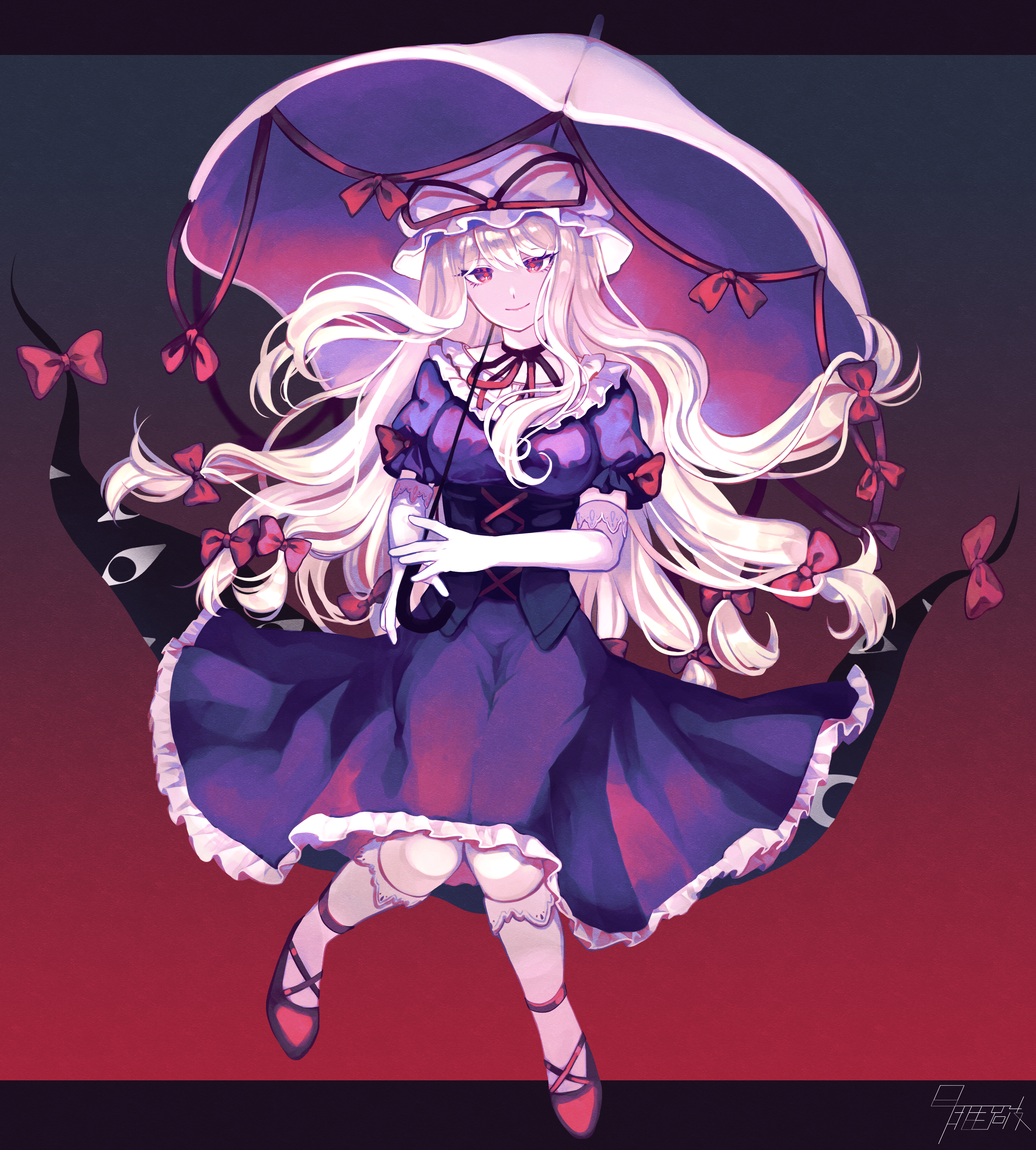 beekan, yakumo yukari, touhou, absurdres, highres, 1girl, blonde hair, bow, breasts, dress, elbow gloves, gap (touhou), gloves, hair bow, hat, holding, holding umbrella, long hair, looking at viewer, medium breasts, mob cap, multiple hair bows, parasol, purple dress, red shoes, shoes, socks, solo, umbrella, white gloves, white hat, white socks