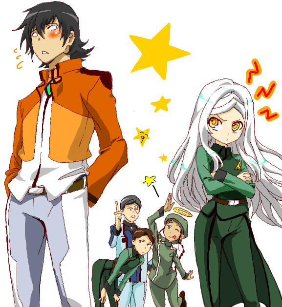 motoyama, aisaka taiga, allelujah haptism, sergei smirnov, soma peries, takasu ryuuji, gundam, gundam 00, toradora!, bad id, bad pixiv id, 1girl, 4boys, belt, black hair, blush, cosplay, couple, crossed arms, halo, hands in pockets, hetero, long hair, military, military uniform, multiple boys, parody, pocketed hands, short hair, star (symbol), white hair, yellow eyes