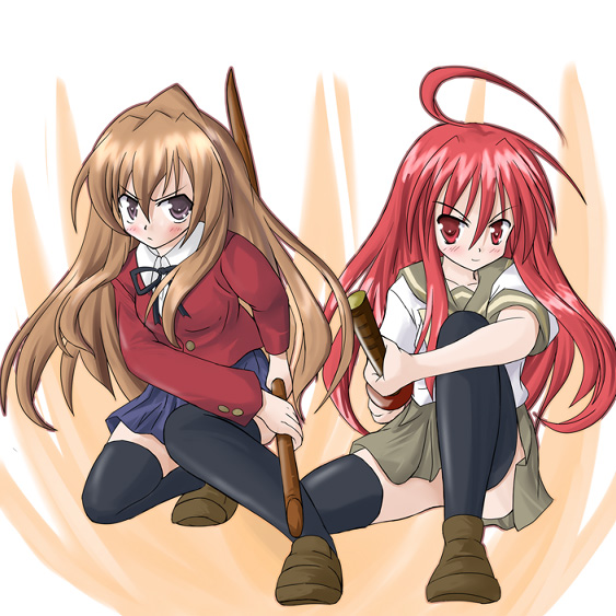 aisaka taiga, kugimiya rie, shana, shakugan no shana, toradora!, 00s, bokken, brown eyes, brown hair, crossover, long hair, red eyes, red hair, school uniform, sword, thighhighs, voice actor connection, weapon, wooden sword