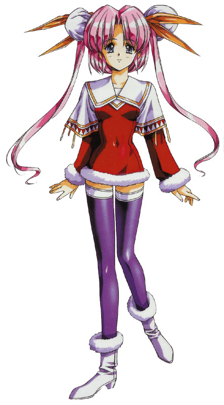 urushihara satoshi, louise fallsmyer, growlanser, growlanser i, official art, 1girl, boots, bun cover, double bun, female focus, full body, hair bun, hair ribbon, long hair, pink hair, purple eyes, ribbon, simple background, solo, standing, standing on one leg, thighhighs, white background, zettai ryouiki