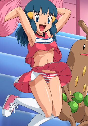 pokemoa, dawn (pokemon), sudowoodo, nintendo, pokemon, lowres, 1girl, :d, blue eyes, blue hair, blush, breasts, cameltoe, cheerleader, cleavage, clothes lift, female focus, from below, gen 2 pokemon, happy, jumping, lingerie, matching hair/eyes, miniskirt, navel, open mouth, panties, pantyshot, pee, peeing, peeing self, pokemon (creature), pom pom (cheerleading), skirt, skirt lift, small breasts, smile, socks, solo, striped clothes, striped panties, thighs, underboob, underwear, upskirt, wet, wet clothes, wet panties