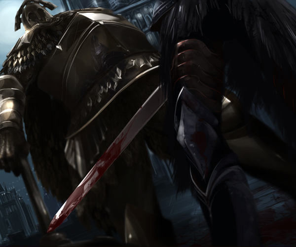 fume knight, velstadt the royal aegis, dark souls (series), dark souls ii, commentary request, 2boys, armor, armored boots, blood, bloody weapon, boots, breastplate, chainmail, helm, helmet, holding, holding sword, holding weapon, knight, leaning back, male focus, multiple boys, ooshima (toddy), sword, weapon