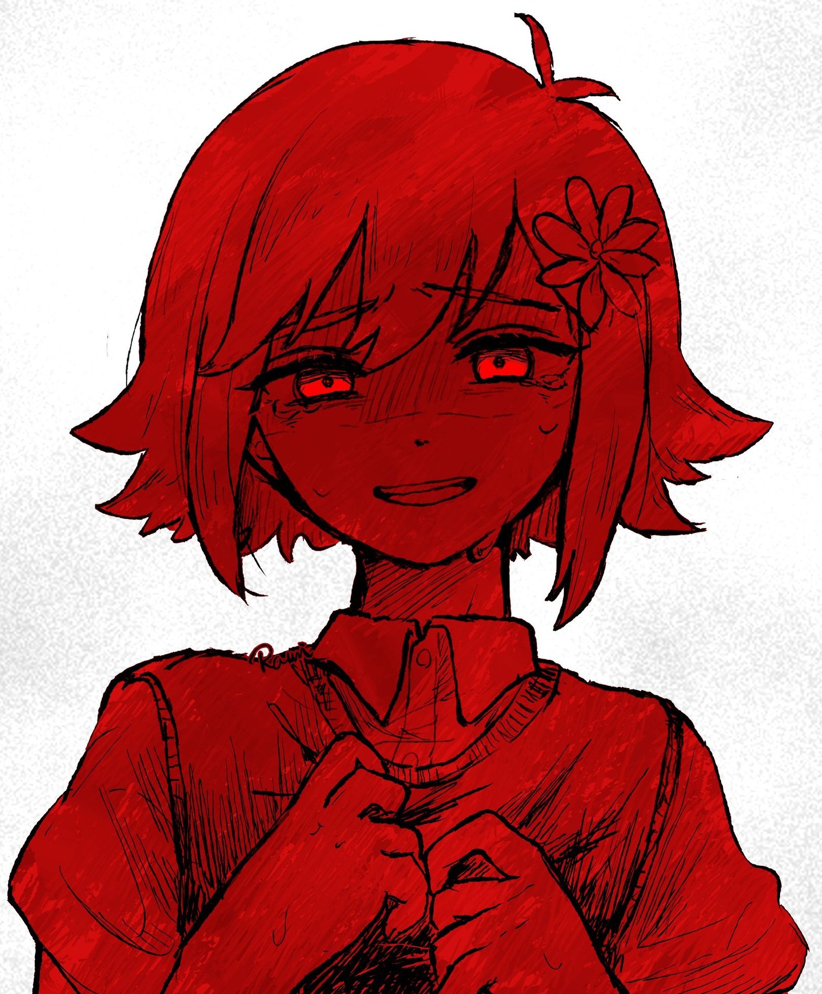 rami 1300, basil (faraway) (omori), basil (omori), omori, highres, 1boy, antenna hair, collared shirt, flower, hair flower, hair ornament, looking at viewer, male focus, monochrome, nervous smile, nervous sweating, open mouth, shirt, short hair, short sleeves, sidelocks, simple background, smile, solo, sweat, sweater vest, teeth, upper body, upper teeth only, white background