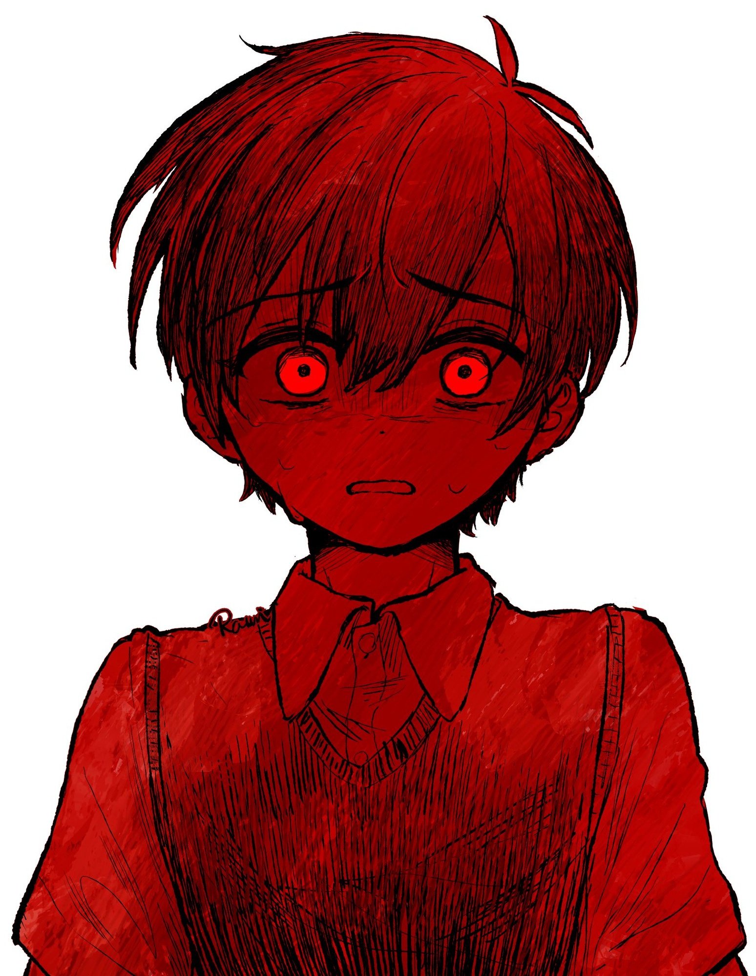 rami 1300, sunny (omori), omori, highres, 1boy, antenna hair, collared shirt, looking at viewer, male focus, monochrome, nervous sweating, parted lips, shirt, short hair, short sleeves, simple background, solo, sweat, sweater vest, teeth, upper teeth only, white background