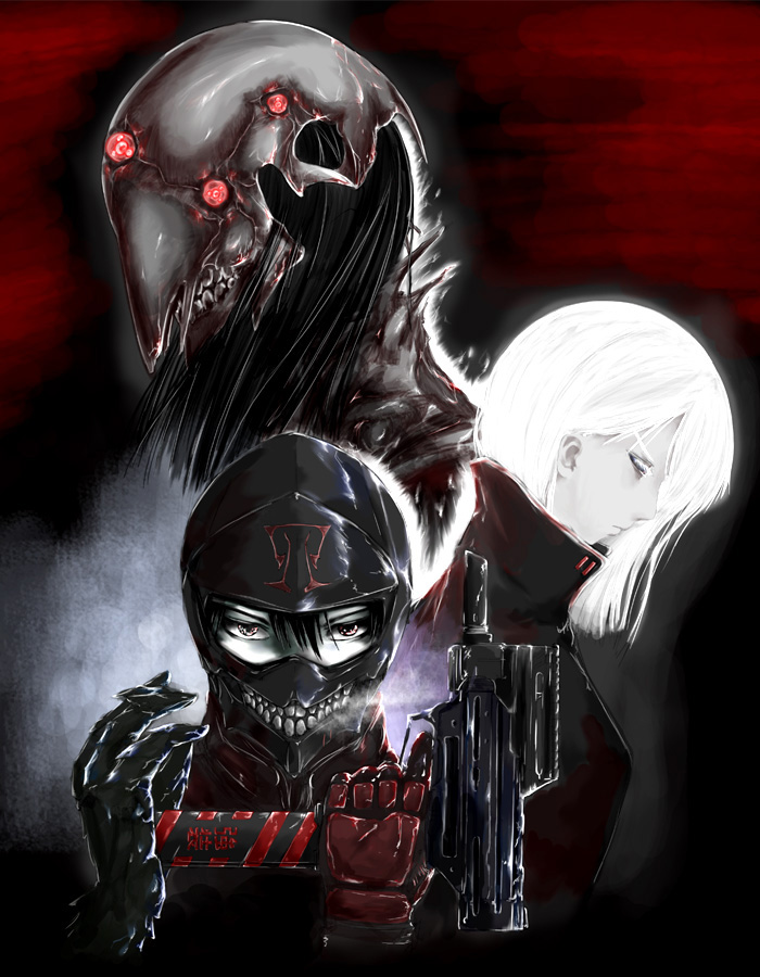 abubu, original, machine pistol, gender request, androgynous, gun, handgun, mask, pistol, profile, robot, submachine gun, uzi, weapon, white hair