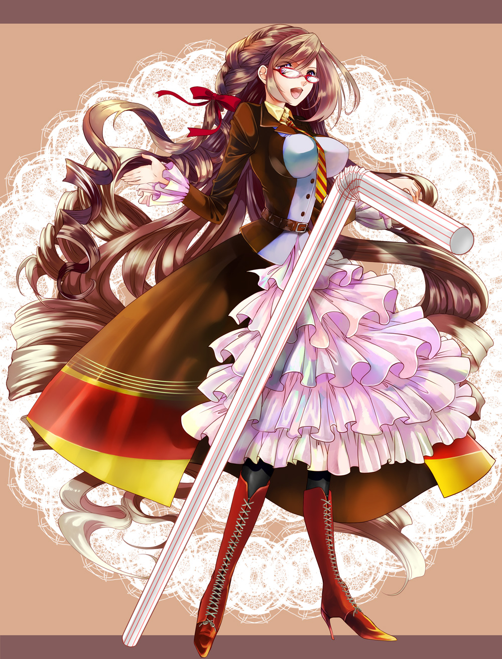 kudo kunugi, yukico-tan, original, yukijirushi, commentary request, highres, 1girl, :d, belt, belt buckle, black pantyhose, boots, braid, breasts, brown belt, brown hair, brown jacket, brown skirt, buckle, buttons, collared shirt, diagonal-striped clothes, diagonal-striped necktie, drill hair, drinking straw, frilled sleeves, frills, glasses, high heel boots, high heels, holding, holding drinking straw, impossible clothes, impossible shirt, jacket, knee boots, lace-up boots, large breasts, long hair, long sleeves, looking at viewer, multicolored jacket, necktie, open mouth, oversized object, pantyhose, purple eyes, red-framed eyewear, red boots, shirt, skirt, smile, solo, standing, striped clothes, swept bangs, two-tone jacket, very long hair, white jacket, yellow necktie, yellow shirt