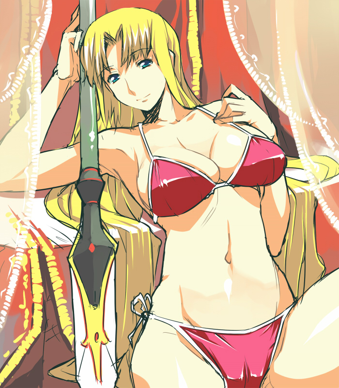 ryuuta (msxtr), original, 1girl, bikini, blonde hair, blue eyes, breasts, female focus, large breasts, long hair, polearm, red bikini, side-tie bikini bottom, smile, solo, spear, swimsuit, very long hair, weapon