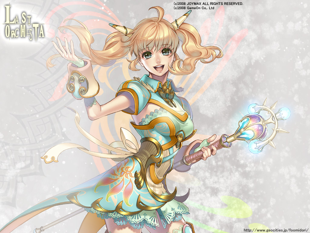 midori foo, original, lace-trimmed legwear, 1girl, :d, ahoge, aqua eyes, aqua thighhighs, arm up, blonde hair, breasts, copyright notice, cowboy shot, dated, fantasy, female focus, fingerless gloves, gloves, holding, holding staff, lace, lace trim, lipstick, long hair, looking at viewer, makeup, open mouth, round teeth, short sleeves, smile, solo, staff, teeth, thighhighs, twintails, watermark, weapon, web address