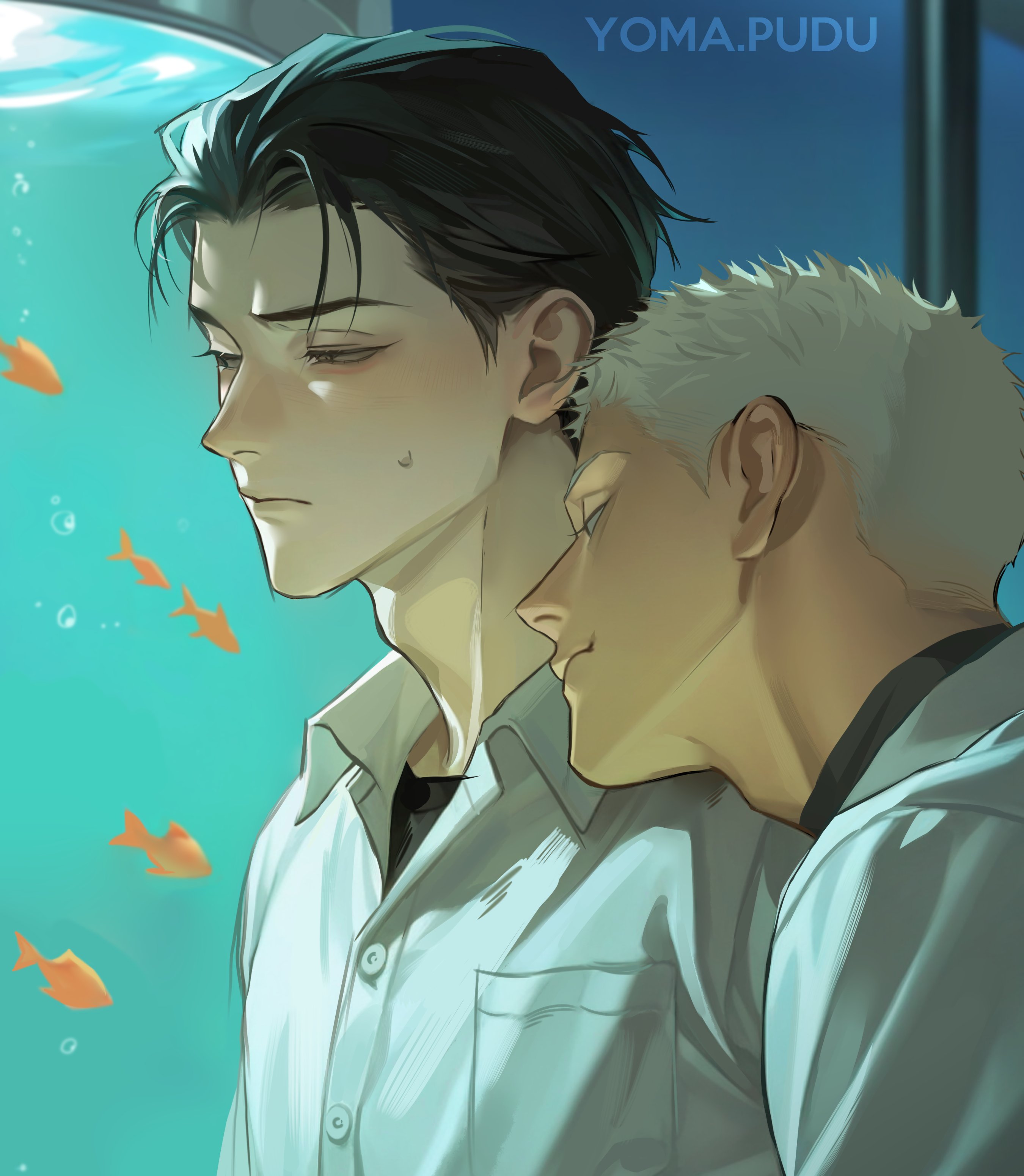 19 tian, absurdres, commentary request, highres, 2boys, adam's apple, aquarium, artist name, black hair, black shirt, buttons, closed mouth, collared shirt, he cheng, head on another's shoulder, male focus, multiple boys, pocket, qiu (19 tian), shirt, short hair, spanish commentary, upper body, white hair, yaoi, yomapudu
