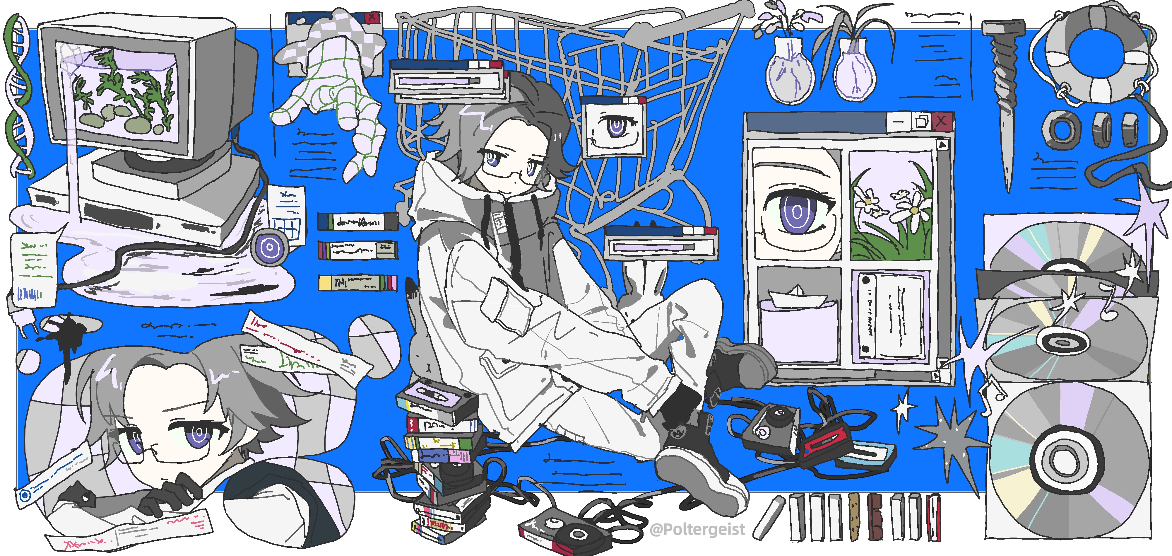 aotsuki eito, the hundred line -last defense academy-, absurdres, chinese commentary, commentary, highres, 1boy, black gloves, black shoes, camera, cassette tape, cd, computer, dna, glasses, gloves, grey hair, jacket, looking at viewer, male focus, multiple views, pants, paper boat, plant, potted plant, puddle, purple eyes, shoes, shopping cart, short hair, sleeve pouch, water, white jacket, white pants, window (computing), xinjinjumin961425577940