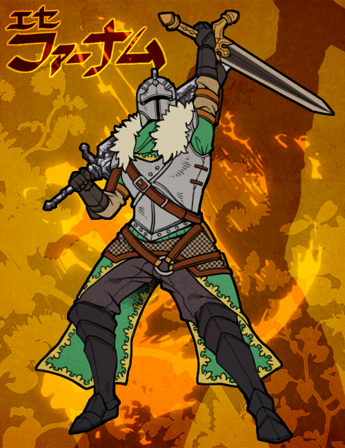 ahirushira, bearer of the curse, dark souls (series), dark souls ii, commentary request, 1other, ambiguous gender, arm up, armor, armored boots, belt, black gloves, boots, breastplate, brown background, brown belt, dual wielding, full body, fur collar, gloves, green shirt, grey pants, helm, helmet, holding, holding sword, holding weapon, other focus, pants, shirt, solo, standing, sword, weapon, white background