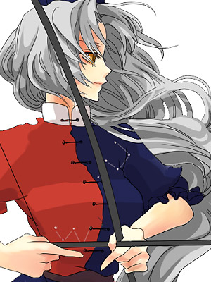 popoin, yagokoro eirin, touhou, lowres, 1girl, arrow (projectile), bow (weapon), female focus, from side, holding, holding weapon, puffy short sleeves, puffy sleeves, short sleeves, simple background, solo, upper body, weapon, white background