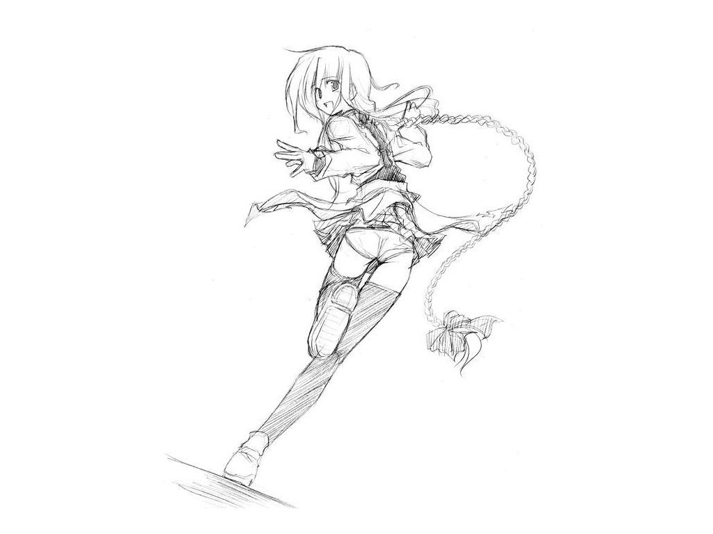 himura kiseki, archerko (himura kiseki), fate/stay night, fate (series), 00s, 1girl, braid, dutch angle, female focus, greyscale, long hair, looking back, monochrome, panties, pantyshot, running, single braid, sketch, skirt, smile, solo, thighhighs, underwear, upskirt