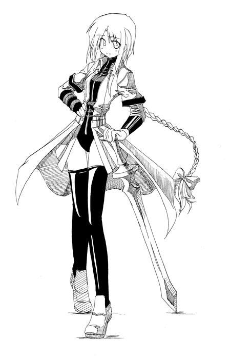 himura kiseki, archerko (himura kiseki), fate/stay night, fate (series), 00s, braid, greyscale, monochrome, shoes, solo, sword, thighhighs, weapon