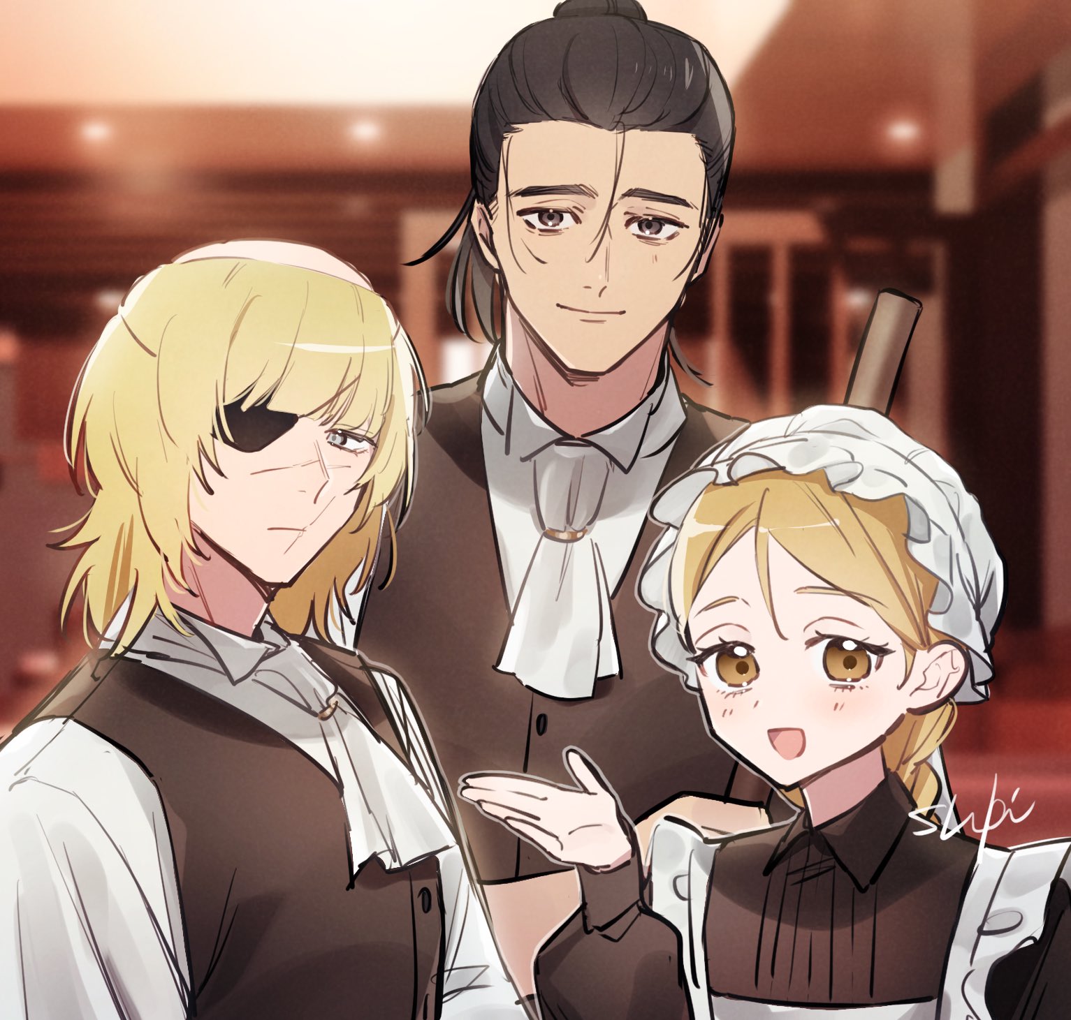 badeni, jolenta, oczy, chi.: chikyuu no undou ni tsuite, highres, 1girl, 2boys, apron, ascot, black dress, black hair, black vest, blonde hair, blunt bangs, blurry, blurry background, bonnet, braid, brown eyes, collared dress, collared shirt, dress, eyepatch, frilled apron, frills, grey hair, hair between eyes, hair bun, hakujitsu chi, hand up, holding, holding mop, light blush, light smile, maid apron, medium hair, mop, multiple boys, official alternate costume, open mouth, ponytail, scar, scar on face, scar on mouth, scar on nose, shirt, single braid, smile, tonsure, vest, white apron, white ascot, white bonnet, white shirt