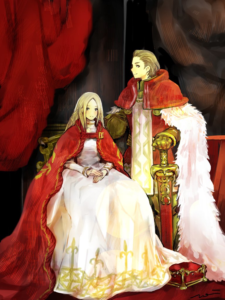 mochi (hanamaruudondesu), delita heiral, ovelia atkascha, final fantasy, final fantasy tactics, 1boy, 1girl, blonde hair, brown hair, cloak, couple, curtains, dress, fur-trimmed cloak, fur trim, hair slicked back, hetero, holding, holding sword, holding weapon, light smile, long dress, long hair, parted bangs, portrait, red cloak, short hair, sitting, standing, sword, weapon, white dress
