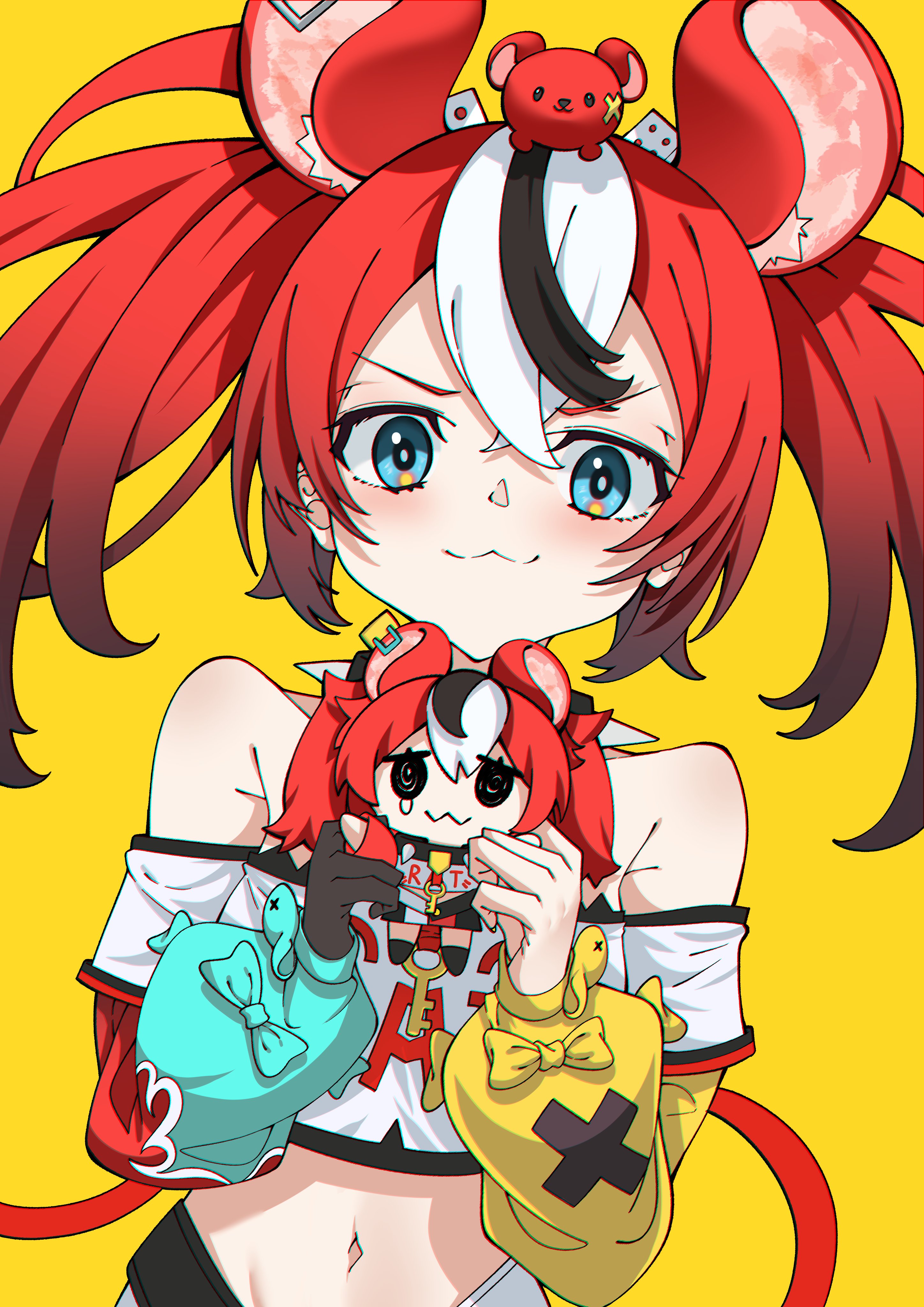breakdiamond, hakos baelz, hololive, hololive english, absurdres, highres, 1girl, animal ears, black hair, blue eyes, blush, breasts, collar, dice hair ornament, hair ornament, looking at viewer, mouse ears, mouse girl, mouse on head, multicolored hair, red hair, shirt, smile, solo, spiked collar, spikes, streaked hair, twintails, virtual youtuber, white hair