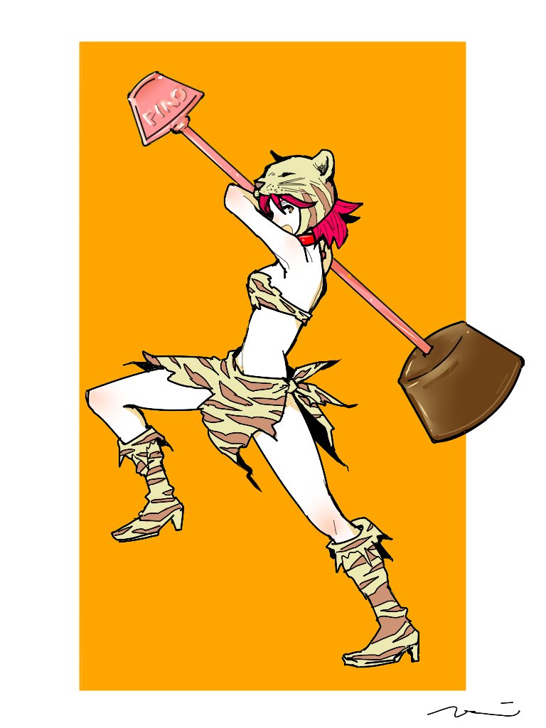 mochi (hanamaruudondesu), berserker (final fantasy), lenna charlotte tycoon, final fantasy, final fantasy v, 1girl, animal hood, animal print, bare shoulders, boots, border, breasts, crop top, full body, hair between eyes, high heel boots, high heels, holding, holding weapon, hood, medium breasts, medium hair, midriff, open mouth, orange background, pink hair, print boots, print loincloth, print shirt, print skirt, shirt, signature, skirt, smile, solo, tiger hood, tiger print, weapon, white border