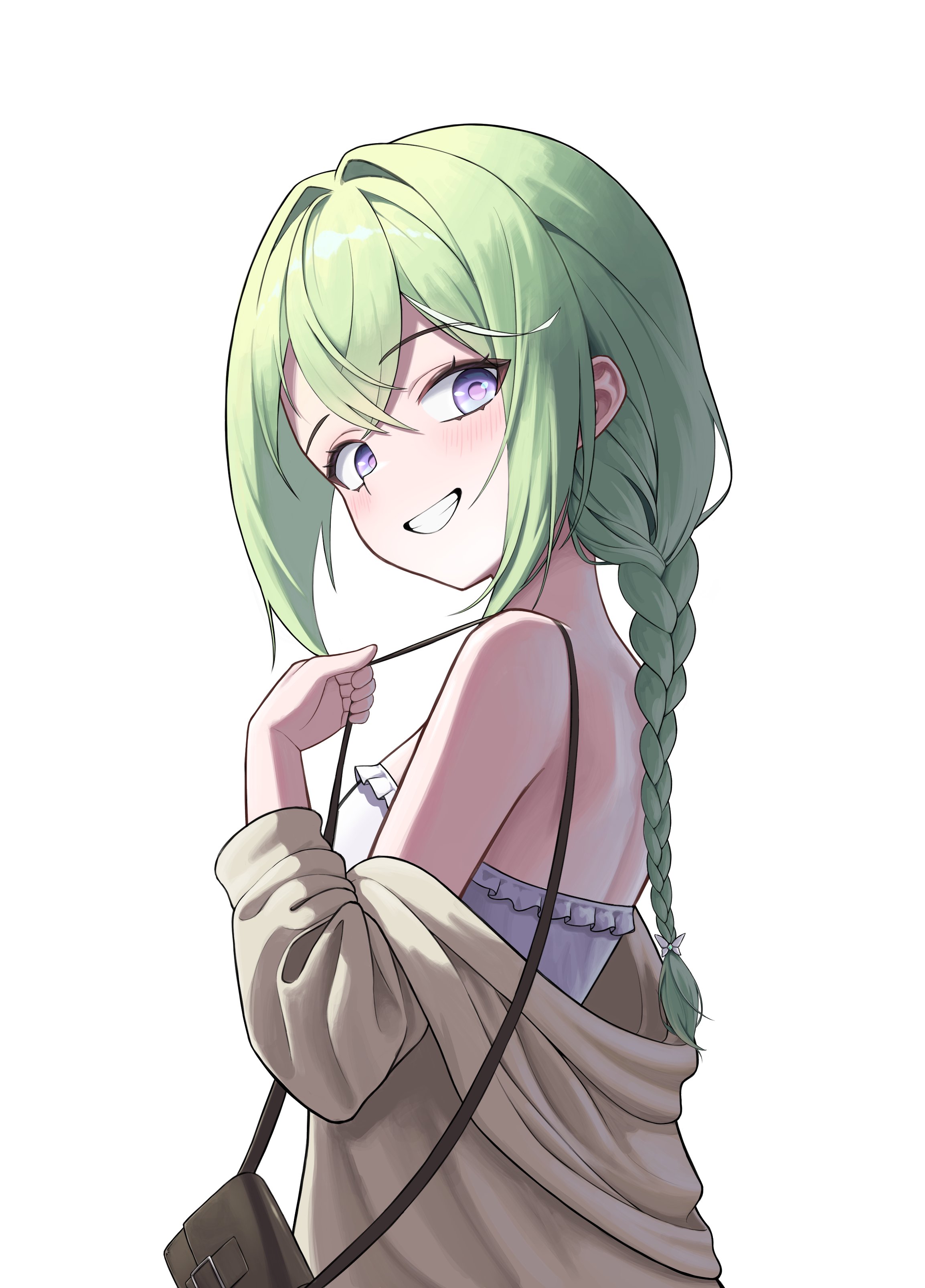 yuzuha riko, stellive, absurdres, hashtag-only commentary, highres, 1girl, bag, braid, brown cardigan, cardigan, crossed bangs, double-parted bangs, frilled shirt, frills, from side, green hair, grin, hair between eyes, hair intakes, hand up, handbag, long bangs, long hair, long sleeves, looking at viewer, looking to the side, low-braided long hair, low-tied long hair, off shoulder, purple eyes, shirt, simple background, single braid, smile, solo, strapless, strapless shirt, tube kim11, turning head, virtual youtuber, white background, white shirt