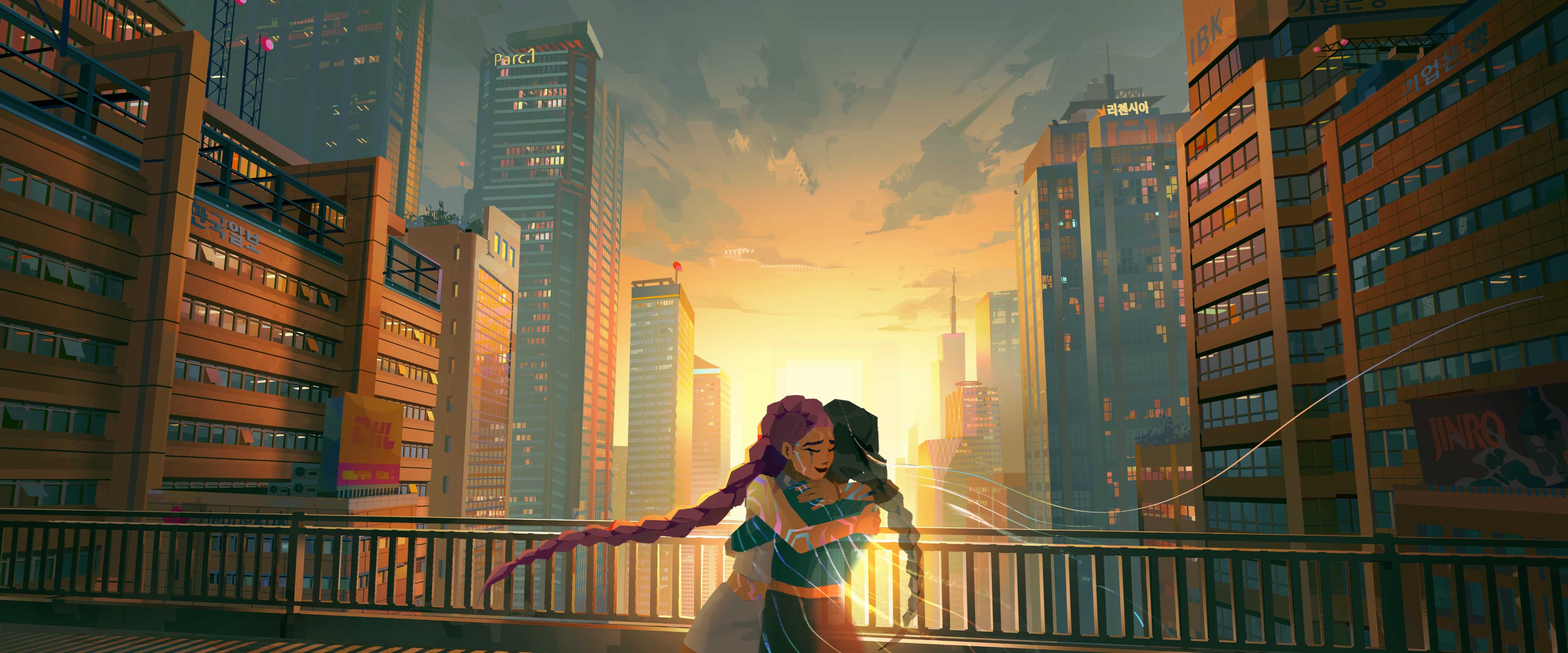 yingshiart, rumi (kpop demon hunters), kpop demon hunters, absurdres, highres, 2girls, arm around back, black hair, blue shirt, body markings, building, city, cityscape, closed eyes, crop top, facial mark, hug, long hair, midriff, mother and daughter, multiple girls, purple hair, shirt, shorts, skyline, skyscraper, smile, sunset, upper body, white shirt, white shorts