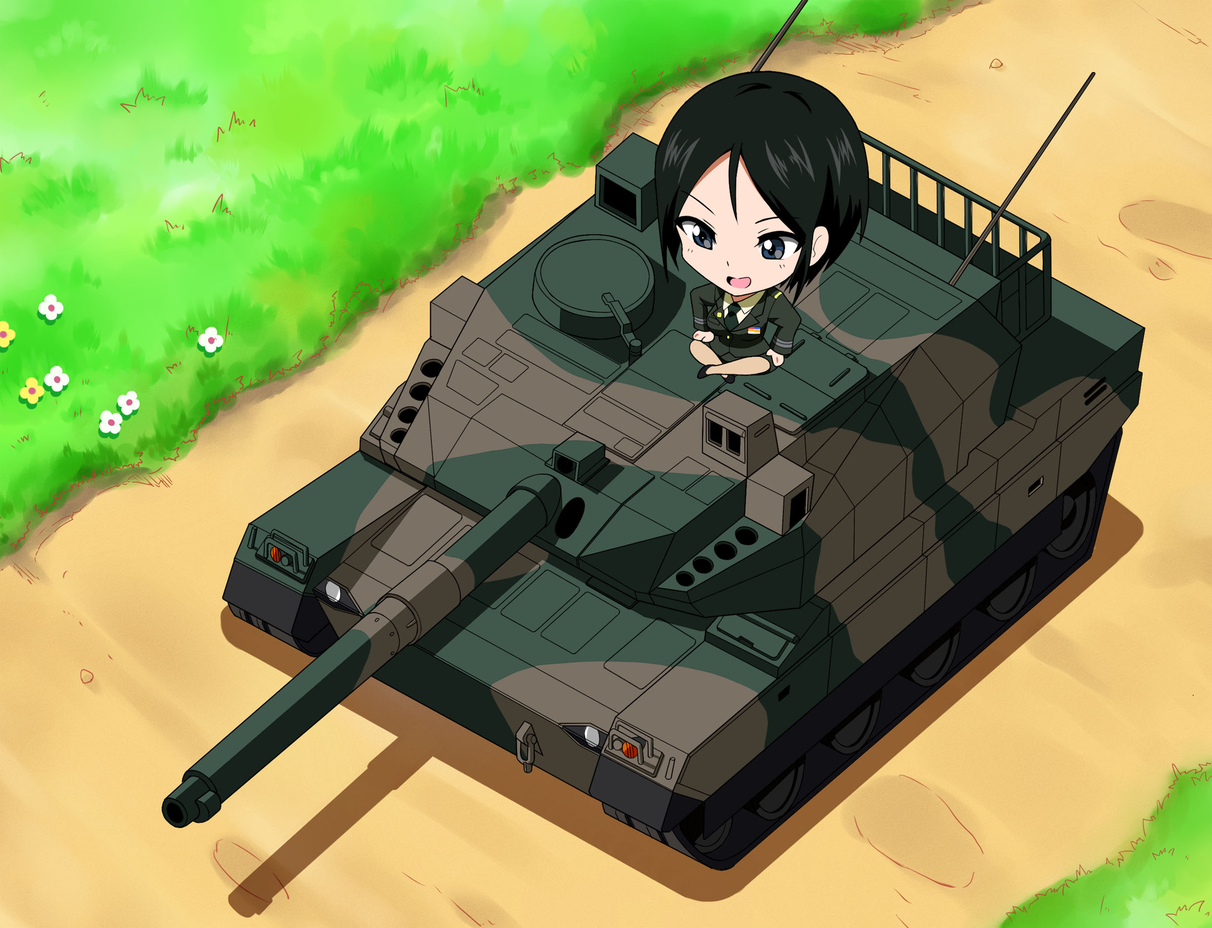 youmou usagi, chouno ami, girls und panzer, japan ground self-defense force, japan self-defense force, highres, 1girl, black eyes, black hair, blush, breasts, bug, butterfly, enter enter mission!, green necktie, insect, jacket, large breasts, long sleeves, mature female, military, military uniform, military vehicle, motor vehicle, necktie, open mouth, shirt, short hair, smile, solo, standing, swept bangs, tank, type 10 (tank), white shirt