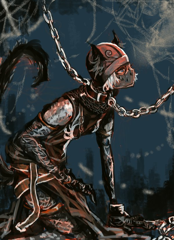 umeyama (toma23), creighton of mirrah, dark souls (series), dark souls ii, commentary request, 1boy, animal ears, armor, black gloves, black tunic, blue background, blue eyes, chain, chain leash, chainmail, dog boy, dog ears, dog tail, ears through headwear, full body, gloves, helmet, kemonomimi mode, kneeling, leash, looking afar, male focus, short hair, silk, solo, spider web, tail, tunic, white hair