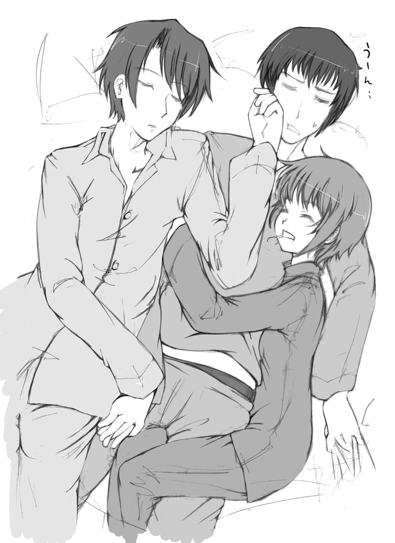 abubu, koizumi itsuki, kyon, nagato yuki, suzumiya haruhi no yuuutsu, 00s, 1girl, 2boys, greyscale, hug, monochrome, multiple boys, pajamas, saliva, sleeping