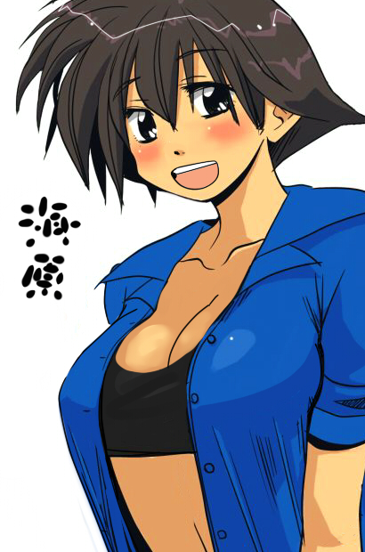 umihara kawase (character), umihara kawase, 1girl, :d, black eyes, blush, breasts, brown hair, female focus, large breasts, open mouth, short hair, sleeves rolled up, smile, solo, strapless, tomboy, tube top, white background