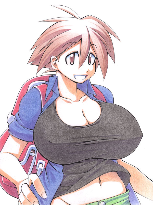 uccow, umihara kawase (character), umihara kawase, artist request, bad id, bad pixiv id, traditional media, 1girl, backpack, bag, breasts, brown eyes, brown hair, cleavage, covered erect nipples, female focus, grin, hand on own hip, huge breasts, midriff, navel, short hair, simple background, smile, solo, tomboy, white background
