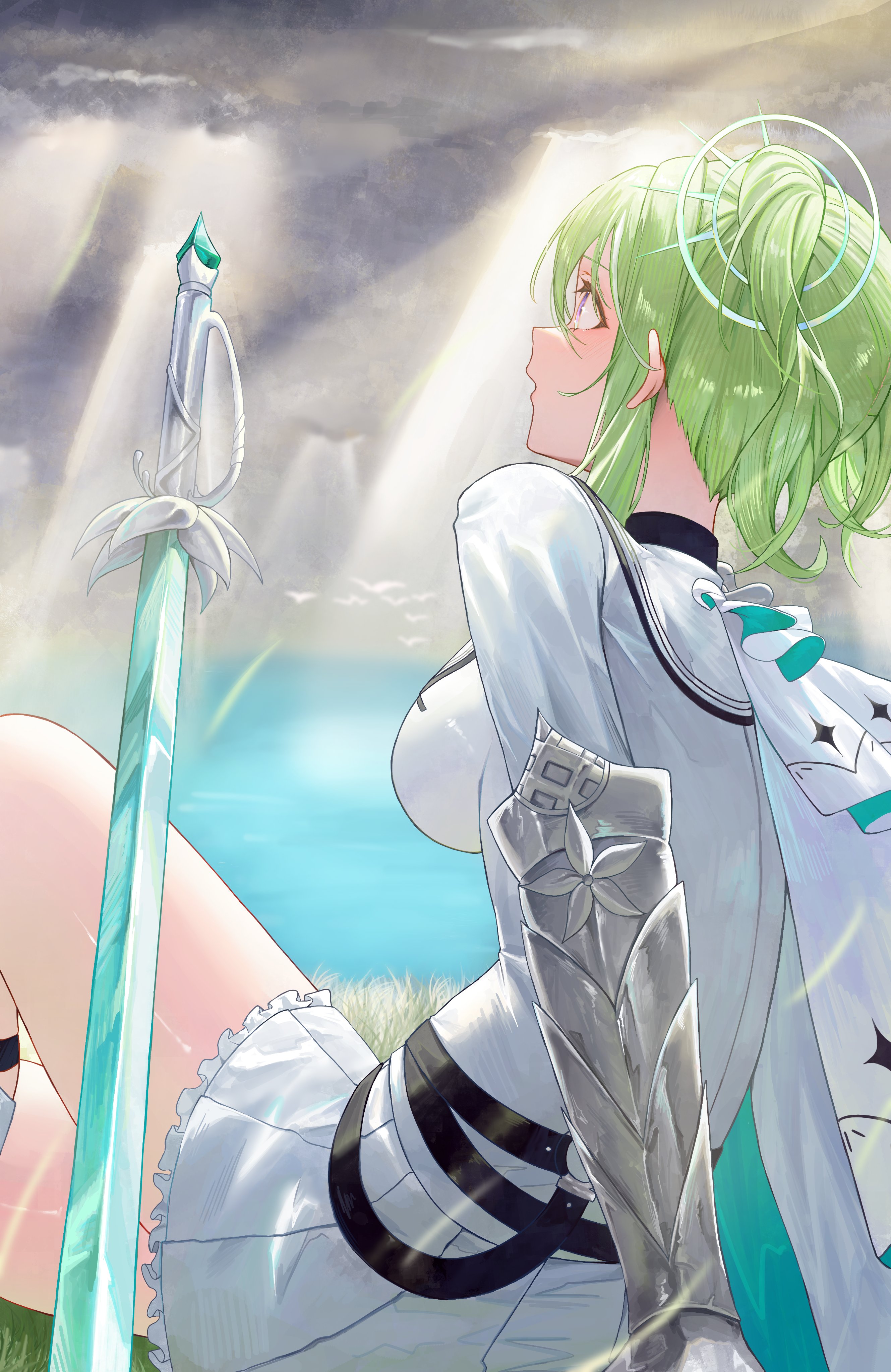 kaze 22, yuzuha riko, stellive, absurdres, hashtag-only commentary, highres, 1girl, breasts, cape, cloud, cloudy sky, day, from side, gauntlets, green hair, large breasts, light rays, looking up, medium hair, miniskirt, ocean, on ground, open mouth, outdoors, pleated skirt, shiny skin, shirt, sitting, skirt, sky, solo, sunbeam, sunlight, sword, virtual youtuber, weapon, white cape, white shirt, white skirt