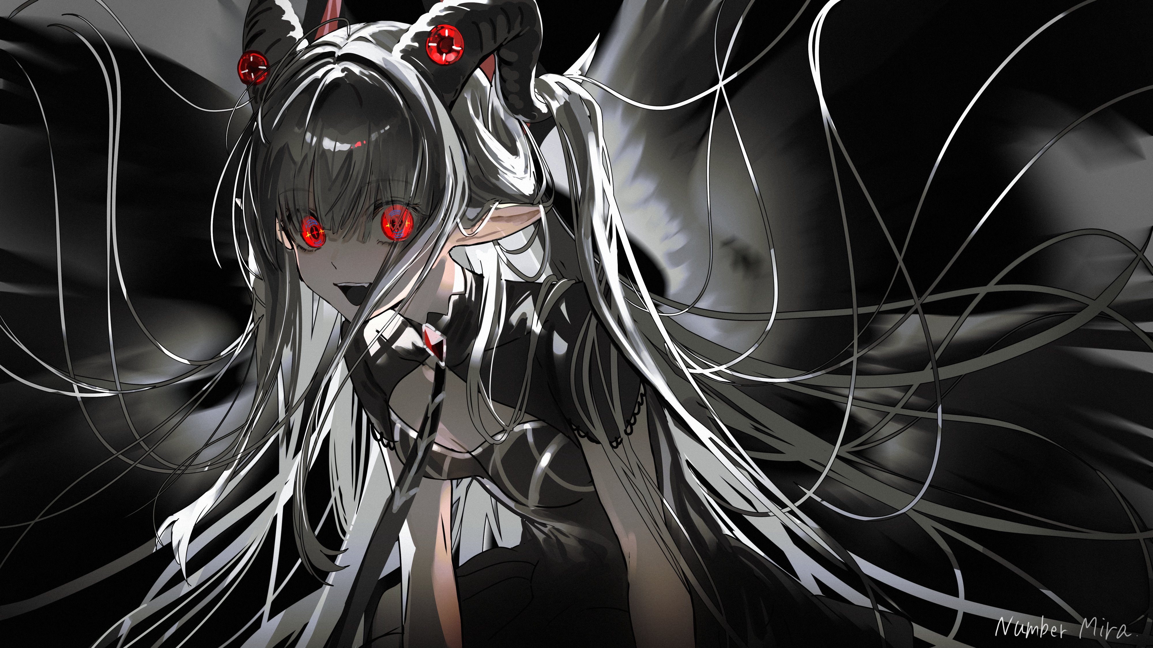 gawako, original, absurdres, highres, 1girl, black background, black dress, black wings, cross-shaped pupils, dress, feathered wings, grey hair, horns, long hair, looking at viewer, pointy ears, red eyes, solo, spread wings, symbol-shaped pupils, upper body, very long hair, wings