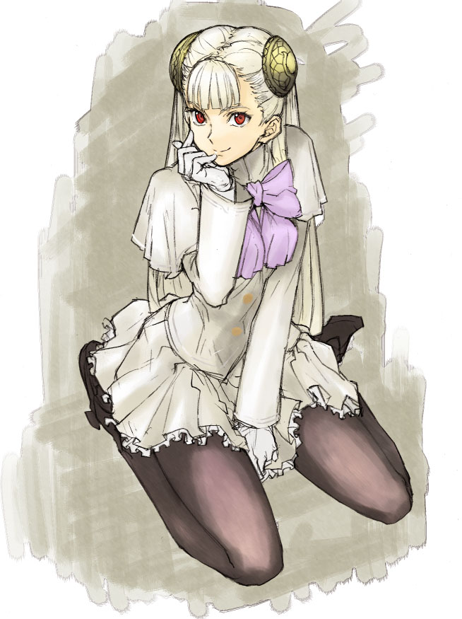 tetsu (kimuchi), ingrid (capcom), capcom, capcom fighting jam, 1girl, alternate color, alternate costume, bun cover, double bun, female focus, gloves, hair bun, hairpods, long hair, pantyhose, red eyes, skirt, solo, white hair