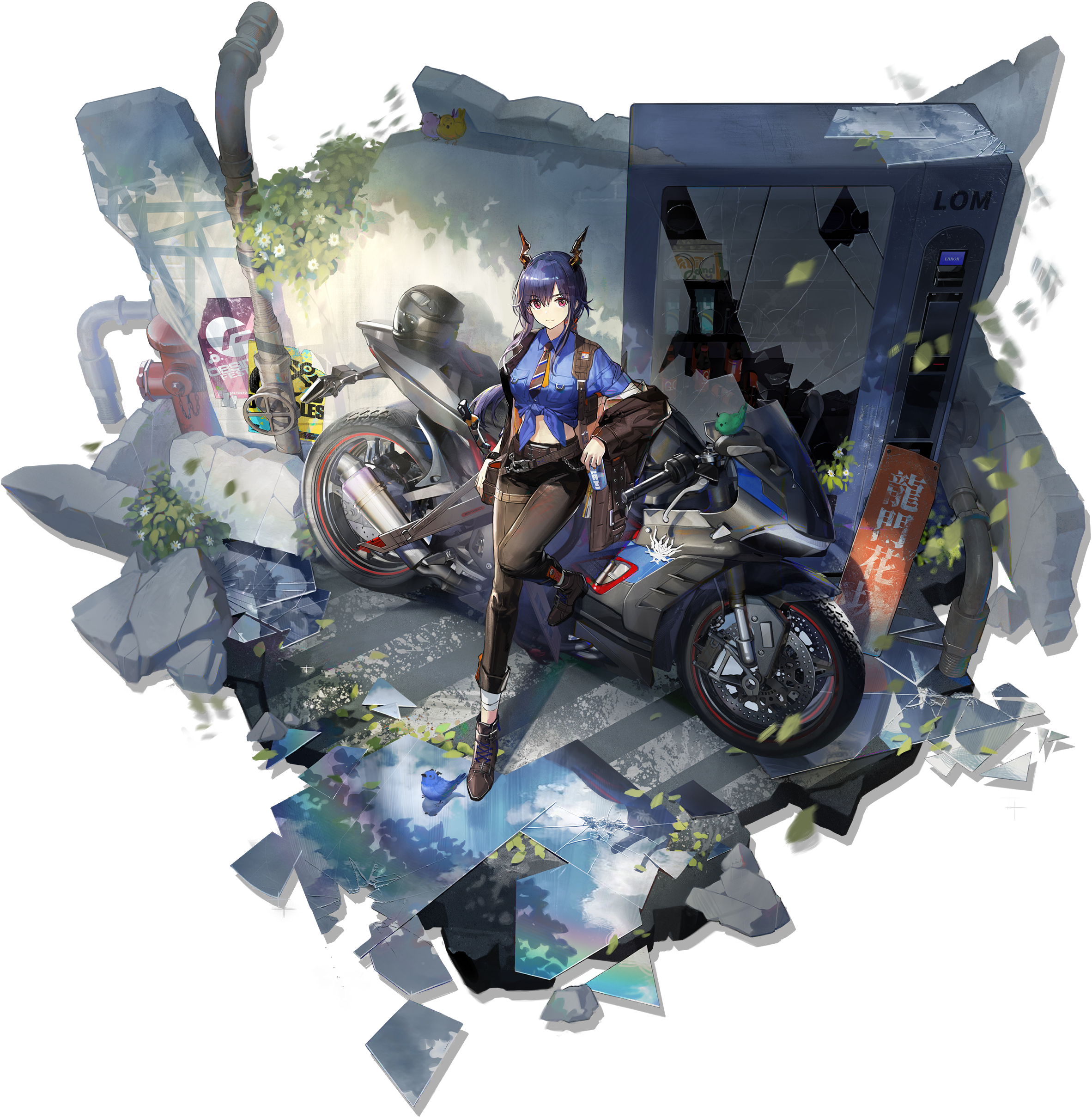 five-fall, ch'en (after storm) (arknights), ch'en (arknights), chi xiao (arknights), arknights, absurdres, game cg, highres, third-party source, 1girl, black pants, black shoes, blue hair, blue jacket, blue shirt, closed mouth, collared shirt, cup, dragon girl, dragon horns, full body, great lungmen logo, helm, helmet, holding, holding cup, horns, jacket, light smile, long hair, looking at viewer, necktie, off shoulder, official alternate costume, pants, police, police uniform, policewoman, red eyes, shirt, shirt rolled up, shoes, solo, standing, tied shirt, transparent background