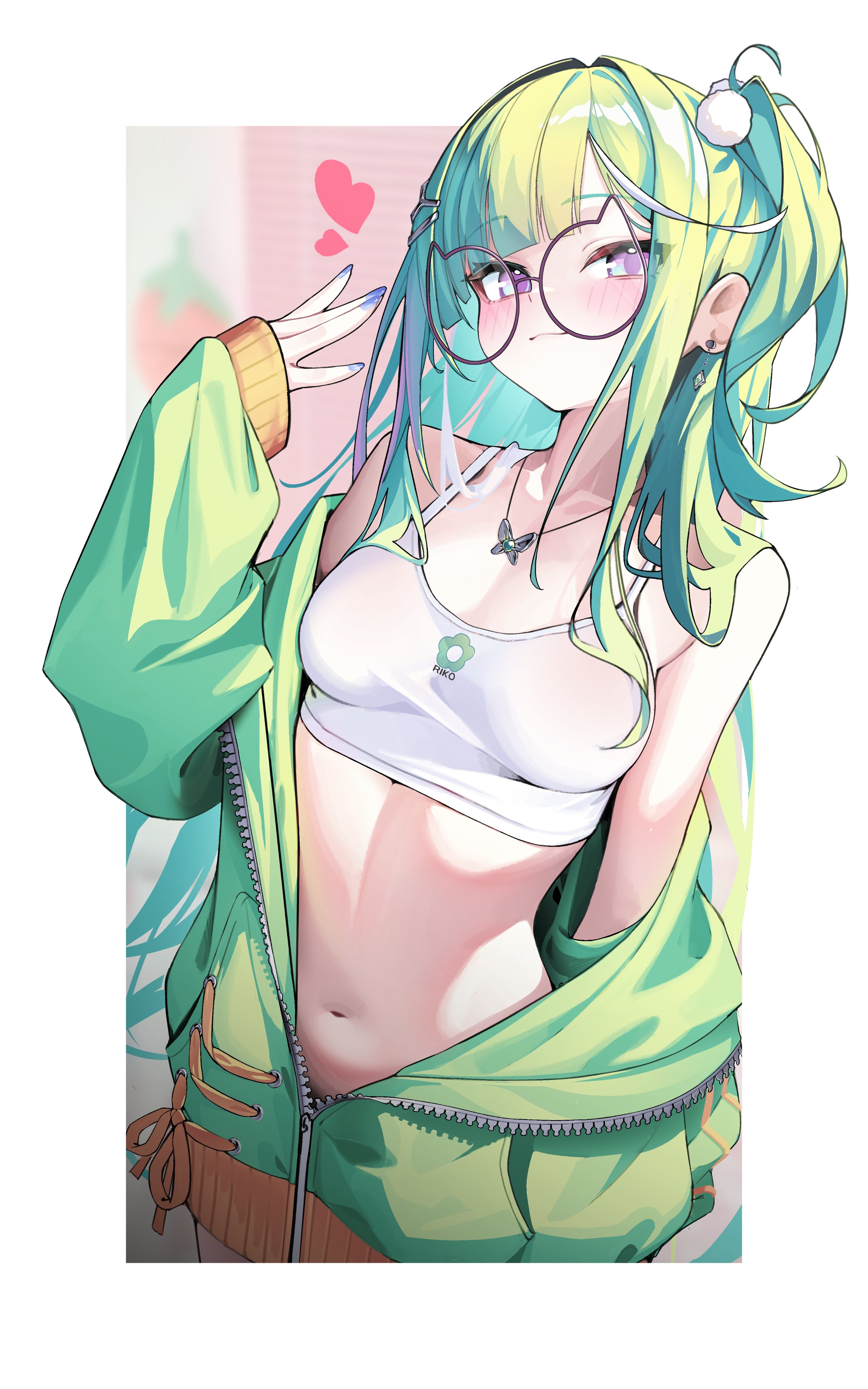 m cream01, yuzuha riko, stellive, absurdres, commentary request, highres, korean commentary, 1girl, arm at side, armpit crease, blue nails, border, breasts, butterfly necklace, character name, closed mouth, collarbone, cowboy shot, earrings, glasses, green hair, green jacket, hair ornament, hand up, heart, jacket, jewelry, linea alba, long hair, long sleeves, looking at viewer, medium breasts, multicolored hair, nail polish, navel, necklace, off shoulder, one side up, outside border, partially unzipped, pom pom (clothes), pom pom hair ornament, print sports bra, purple eyes, sleeves past wrists, solo, sports bra, standing, stomach, streaked hair, virtual youtuber, white border, white sports bra, white streaks, zipper