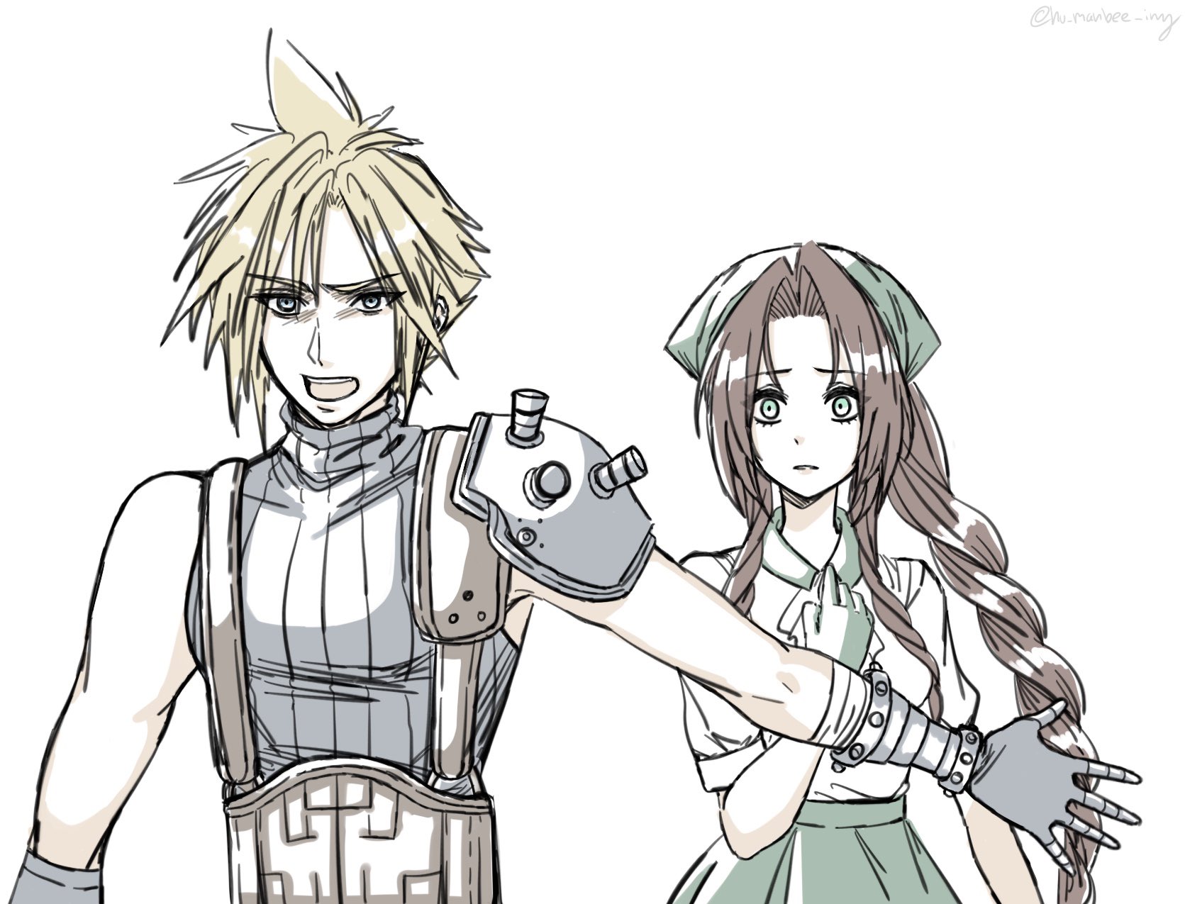 hu manbee ing, aerith gainsborough, cloud strife, final fantasy, final fantasy tactics, final fantasy vii, highres, 1boy, 1girl, armor, armored gloves, bandaged arm, bandages, belt, blonde hair, braid, braided ponytail, brown belt, brown hair, collared shirt, furrowed brow, gloves, green gloves, green headscarf, green skirt, hair between eyes, hand on own chest, headscarf, long hair, official alternate costume, open mouth, outstretched arm, parted bangs, parted lips, pauldrons, protecting, shirt, short hair, short sleeves, shoulder armor, sidelocks, single bare shoulder, single braid, single pauldron, skirt, sleeveless, sleeveless turtleneck, spiked hair, suspenders, turtleneck, twitter username, upper body, white background, white shirt