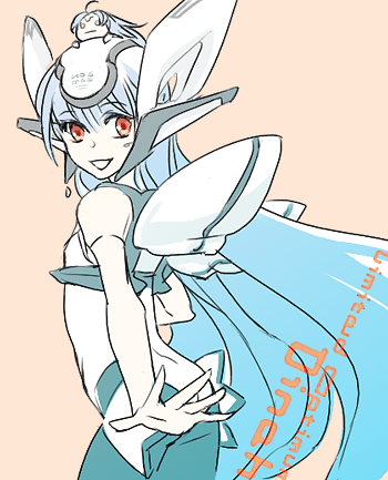 enoki (hugt), enoki art, e.s. dinah, kos-mos, xenosaga, xenosaga episode iii, lowres, 00s, 2girls, :|, android, armor, bare shoulders, blue hair, chibi, closed mouth, flat chest, long hair, mecha musume, multiple girls, personification, red eyes, simple background, sleeveless, very long hair, wings