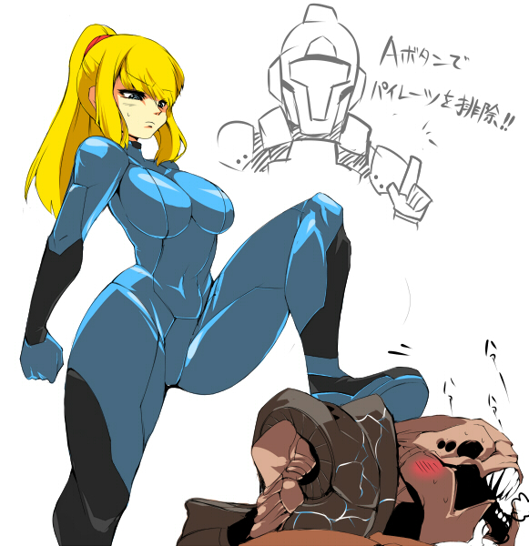 ario, galactic federation trooper, samus aran, space pirate (metroid), metroid, metroid prime 3: corruption, nintendo, translated, 1girl, blonde hair, blue eyes, bodysuit, masochism, mecha pilot suit, plugsuit (evangelion), ponytail, skin tight, zero suit