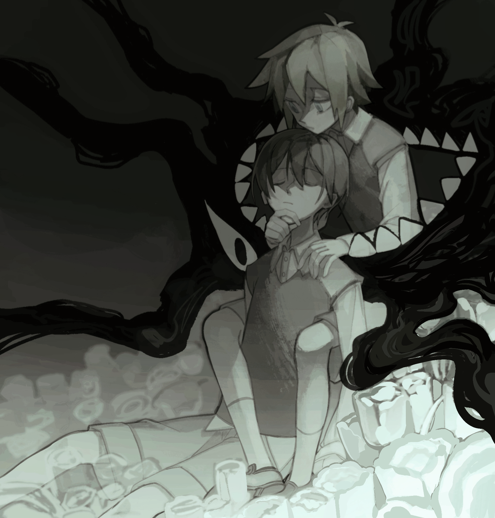 moonskysoon, basil (faraway) (omori), basil (omori), something (omori), sunny (omori), omori, highres, 2boys, antenna hair, closed mouth, collared shirt, double-parted bangs, flower, greyscale, hair between eyes, male focus, monochrome, multiple boys, shirt, short hair, short sleeves, shorts, sitting, socks, sweater vest, tulip