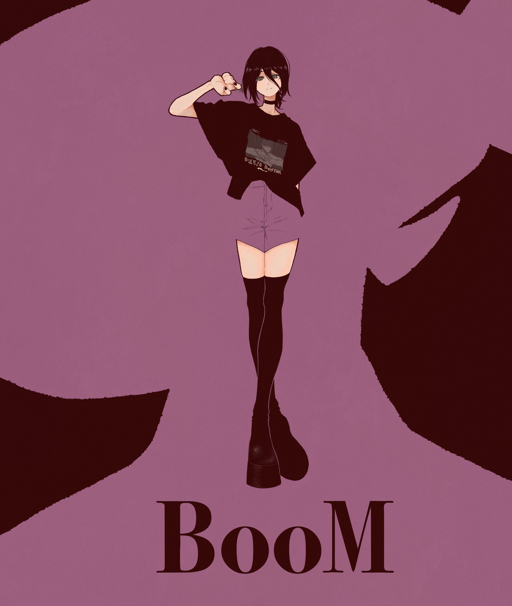 syooooyoooo, bomb devil (chainsaw man), reze (chainsaw man), chainsaw man, highres, 1girl, black choker, black hair, black nails, black shirt, black shoes, black thighhighs, choker, dual persona, full body, green eyes, hair between eyes, light smile, nail polish, print shirt, purple background, purple shorts, shirt, shoes, shorts, silhouette, solo, t-shirt, thighhighs, updo