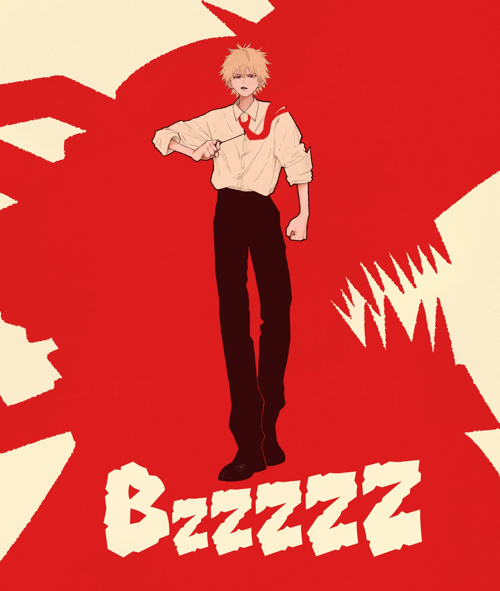 syooooyoooo, chainsaw devil, denji (chainsaw man), chainsaw man, highres, 1boy, black pants, black shoes, blonde hair, collared shirt, dual persona, full body, furrowed brow, hair between eyes, male focus, necktie, pants, parted lips, red necktie, sharp teeth, shirt, shirt tucked in, shoes, short hair, silhouette, sleeves rolled up, solo, teeth, white shirt