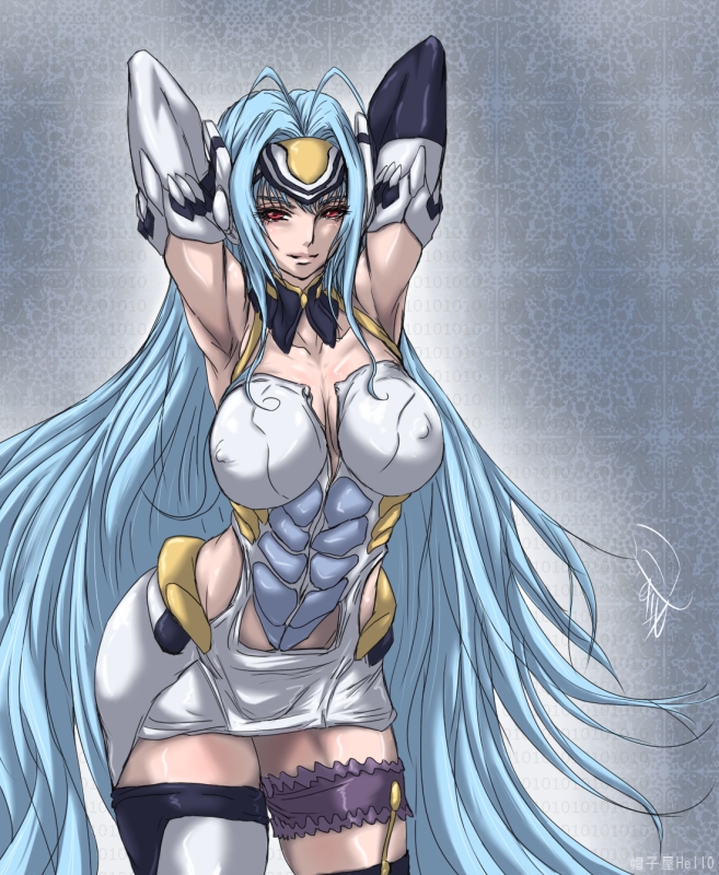 madhatter hello, kos-mos, kos-mos ver. 1, xenosaga, xenosaga episode i, bad id, bad pixiv id, 00s, 1girl, android, armpits, arms up, breasts, contrapposto, covered erect nipples, curvy, elbow gloves, female focus, gloves, large breasts, legwear garter, long hair, naughty face, red eyes, solo, standing, thighhighs, very long hair
