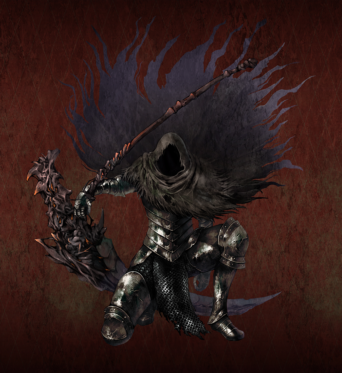 ahirushira, dark souls (series), dark souls ii, commentary request, highres, 1other, armor, armored boots, black cape, boots, breastplate, brown background, cape, forlorn (dark souls), full body, gauntlets, holding, holding scythe, looking at viewer, on one knee, other focus, scythe, solo, torn cape, torn clothes