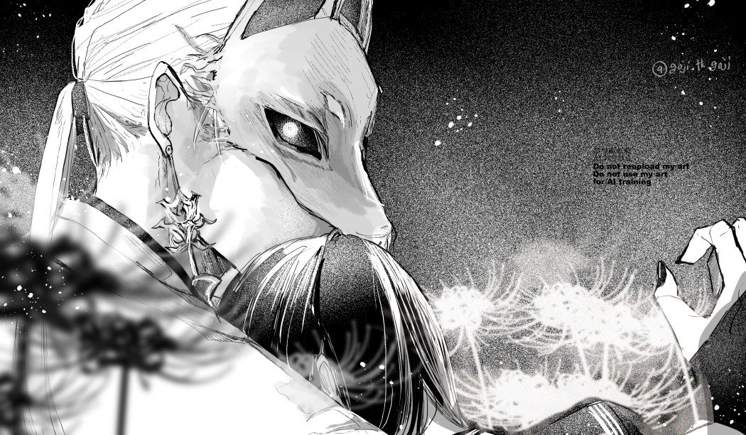 fox mask (silent hill), shimizu hinako, silent hill (series), silent hill f, 1boy, 1girl, black hair, black nails, black sailor collar, black sclera, black shirt, bridal gauntlets, colored sclera, couple, earrings, flower, fox mask, glowing, glowing eyes, gobimhyk, greyscale, hetero, japanese clothes, jewelry, long hair, mask, monochrome, nail polish, ponytail, robe, sailor collar, school uniform, shirt, short hair, single earring, spider lily, tassel, tassel earrings, twitter username, upper body, white hair, white robe